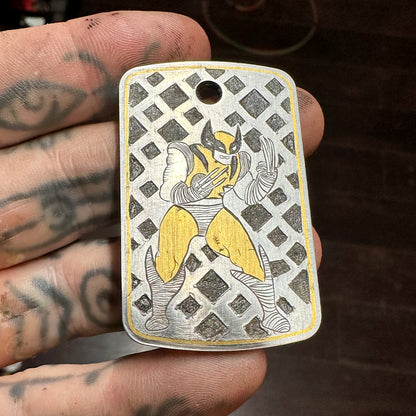 24K Gold Inlay Wolverine Steel Dog Tag Pendant